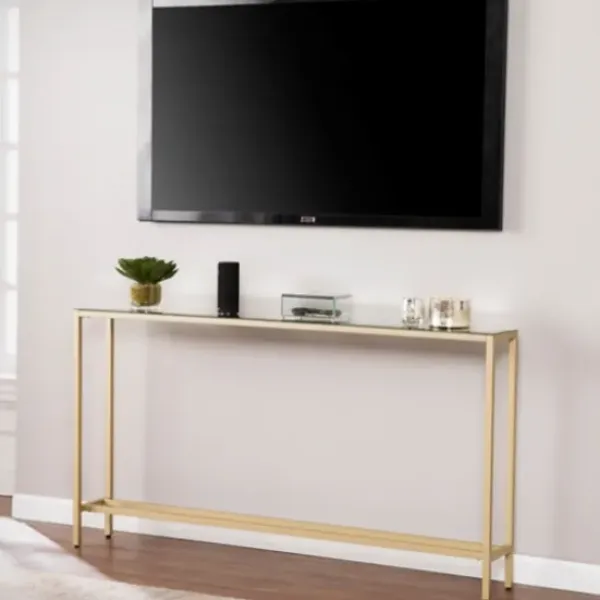 Console Tables-Kirkland's Home Long Metal Mirrored Top Console Table Gold