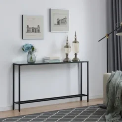 Console Tables-Kirkland's Home Long Metal Mirrored Top Console Table Black