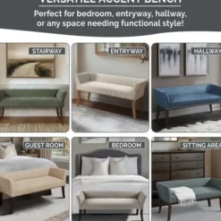 Benches & Ottomans-Kirkland's Home Low Back Flared Nailhead Trim Bench Blue