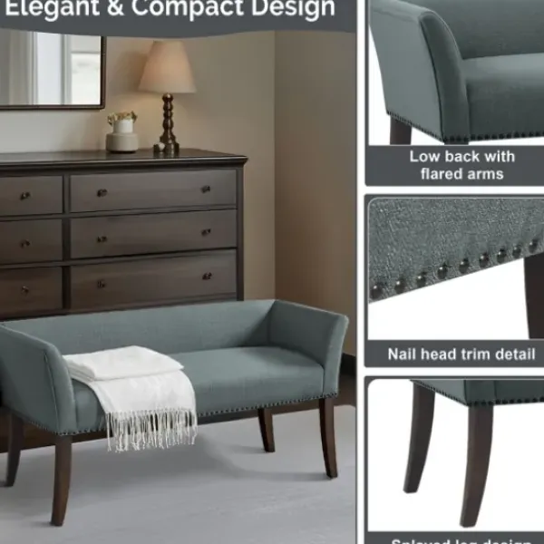 Benches & Ottomans-Kirkland's Home Low Back Flared Nailhead Trim Bench Blue