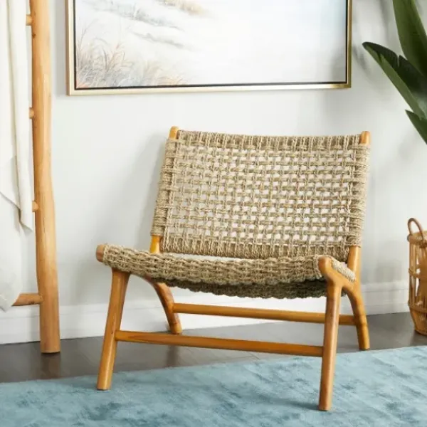 Accent Chairs-Kirkland's Home Low Slung Woven Teakwood Accent Chair Tan