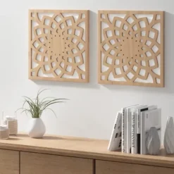 Wall Plaques-Kirkland's Home Madison Park Wood Lotus Wall Plaques, Set Of 2 Brown/White