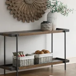 Console Tables-Kirkland's Home Mahogany Oak Wood Tray Top Console Table Brown