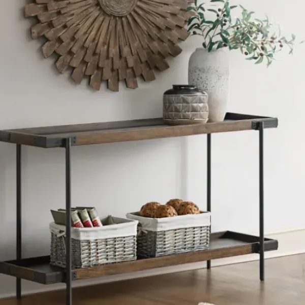 Console Tables-Kirkland's Home Mahogany Oak Wood Tray Top Console Table Brown
