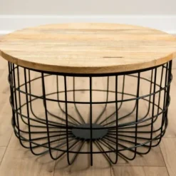 Coffee Tables-Kirkland's Home Mango Wood And Black Metal Basket Coffee Table Tan