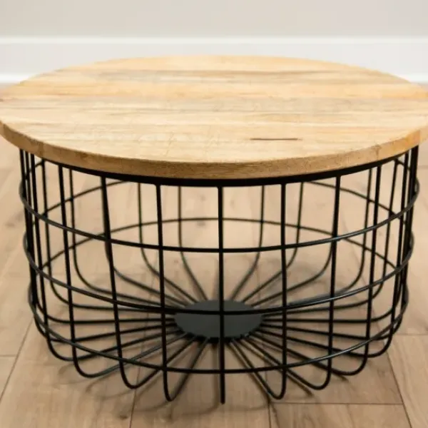 Coffee Tables-Kirkland's Home Mango Wood And Black Metal Basket Coffee Table Tan