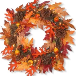 Wreaths-Kirkland's Home Maple Berry Pinecone Pre-Lit Harvest Wreath Orange/Brown