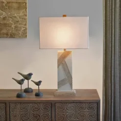 Table Lamps-Kirkland's Home Marble Carved Lines Table Lamp White