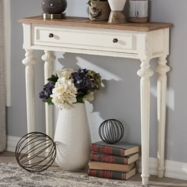 Console Tables-Kirkland's Home Marquetterie Whitewashed Oak Top Console Table