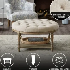 Benches & Ottomans-Kirkland's Home Martha Stewart Round Cream Ottoman With Shelf Ivory