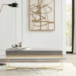 Entryway Furniture-Kirkland's Home Martha Stewart Upholstered Gold Metal Base Bench Gray
