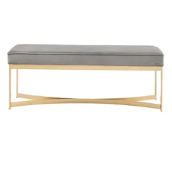 Entryway Furniture-Kirkland's Home Martha Stewart Upholstered Gold Metal Base Bench Gray