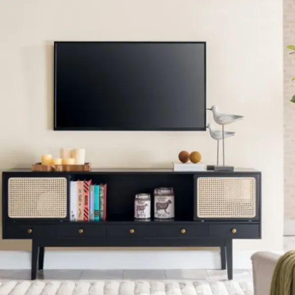 Tv Stands & Media Consoles-Kirkland's Home Matilda Midcentury Woven Cane Media Cabinet Black