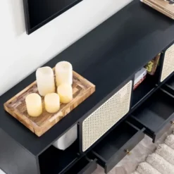 Tv Stands & Media Consoles-Kirkland's Home Matilda Midcentury Woven Cane Media Cabinet Black