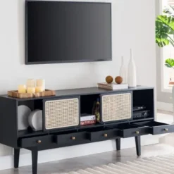 Tv Stands & Media Consoles-Kirkland's Home Matilda Midcentury Woven Cane Media Cabinet Black