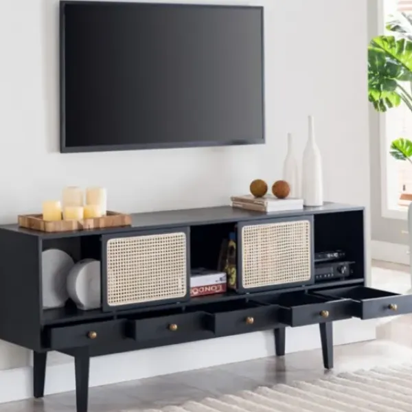 Tv Stands & Media Consoles-Kirkland's Home Matilda Midcentury Woven Cane Media Cabinet Black