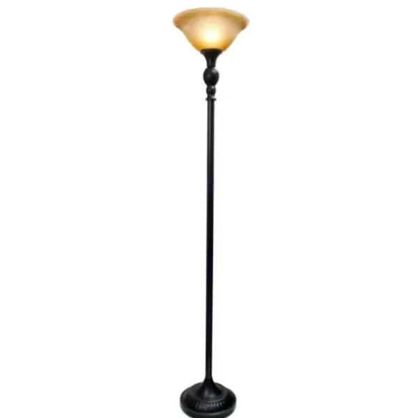 Floor Lamps-Kirkland's Home Matte Black And Amber Glass Torchiere Tan