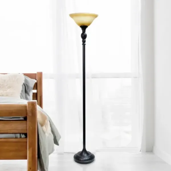 Floor Lamps-Kirkland's Home Matte Black And Amber Glass Torchiere Tan