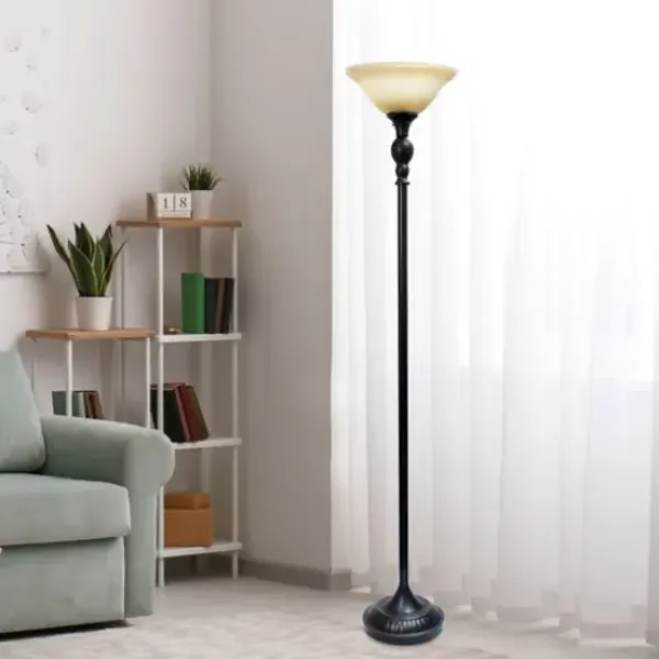 Floor Lamps-Kirkland's Home Matte Black And Amber Glass Torchiere Tan