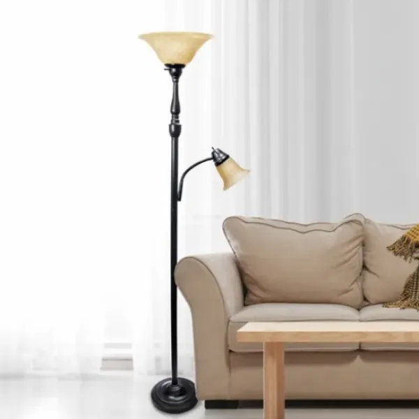 Floor Lamps-Kirkland's Home Matte Bronze And Amber Reading Arm Torchiere Tan