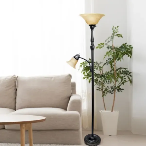 Floor Lamps-Kirkland's Home Matte Bronze And Amber Reading Arm Torchiere Tan