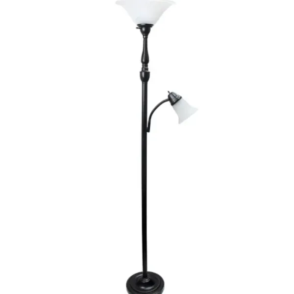 Floor Lamps-Kirkland's Home Matte Bronze And White Reading Arm Torchiere Brown