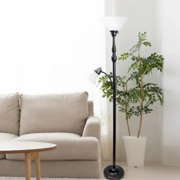 Floor Lamps-Kirkland's Home Matte Bronze And White Reading Arm Torchiere Brown