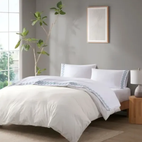 Bed Sheets-Kirkland's Home Medallion Hem Microfiber 4-Pc. Full Sheet Set White/Blue