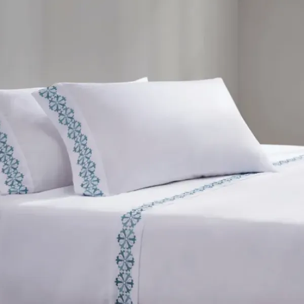 Bed Sheets-Kirkland's Home Medallion Hem Microfiber 4-Pc. Full Sheet Set White/Blue
