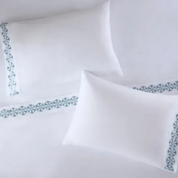 Bed Sheets-Kirkland's Home Medallion Hem Microfiber 4-Pc. Full Sheet Set White/Blue