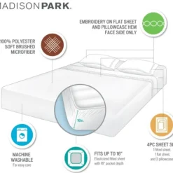 Bed Sheets-Kirkland's Home Medallion Hem Microfiber 4-Pc. Full Sheet Set White/Blue