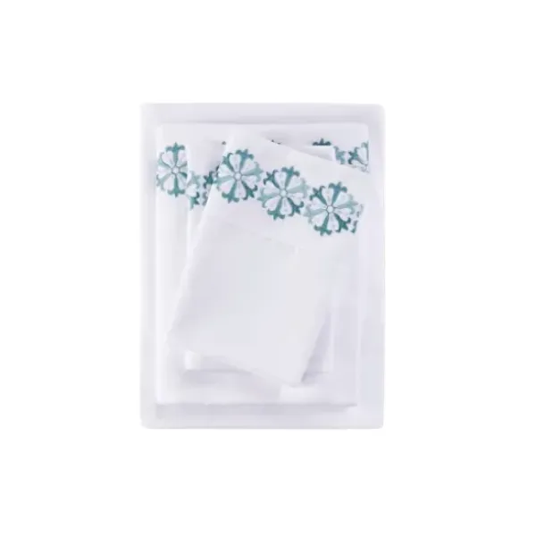 Bed Sheets-Kirkland's Home Medallion Hem Microfiber 4-Pc. King Sheet Set White/Blue