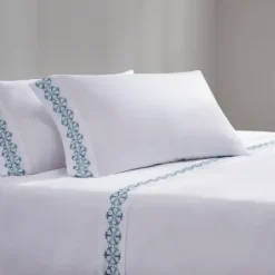 Bed Sheets-Kirkland's Home Medallion Hem Microfiber 4-Pc. Queen Sheet Set White/Blue