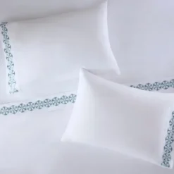 Bed Sheets-Kirkland's Home Medallion Hem Microfiber 4-Pc. Queen Sheet Set White/Blue