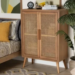 Cabinets & Sideboards-Kirkland's Home Medium Oak Rattan 2-Door Cabinet