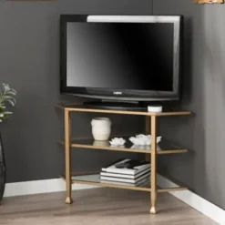 Tv Stands & Media Consoles-Kirkland's Home Metal And Glass Corner Tv Stand Gold