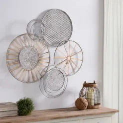 Wall Plaques-Kirkland's Home Metal And Rattan Cord Discs Wall Sculpture Gray