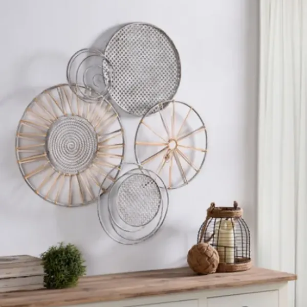Wall Plaques-Kirkland's Home Metal And Rattan Cord Discs Wall Sculpture Gray
