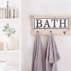 Hooks-Kirkland's Home Metal And Wood Bath Sign With Hooks