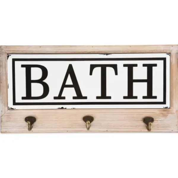 Hooks-Kirkland's Home Metal And Wood Bath Sign With Hooks