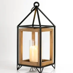 Lanterns-Kirkland's Home Metal And Wood House Frame Lantern, 16 In. Brown/Black