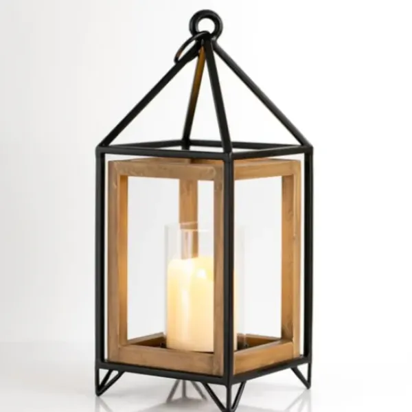 Lanterns-Kirkland's Home Metal And Wood House Frame Lantern, 16 In. Brown/Black