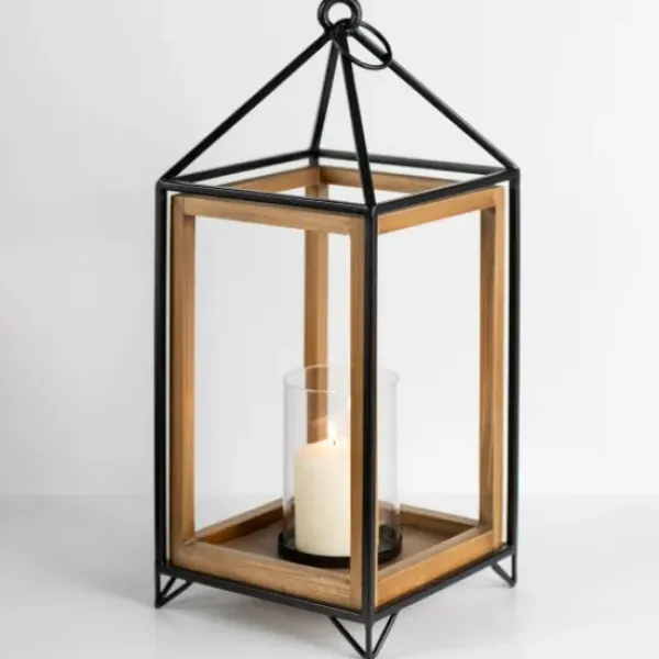 Lanterns-Kirkland's Home Metal And Wood House Frame Lantern, 21 In. Brown/Black