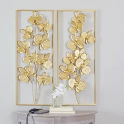 Wall Plaques-Kirkland's Home Metal Floral Wall Plaques, Set Of 2 Gold