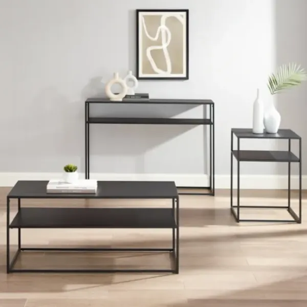 Coffee Tables-Kirkland's Home Metal Frame 3-Pc. Table Set Black