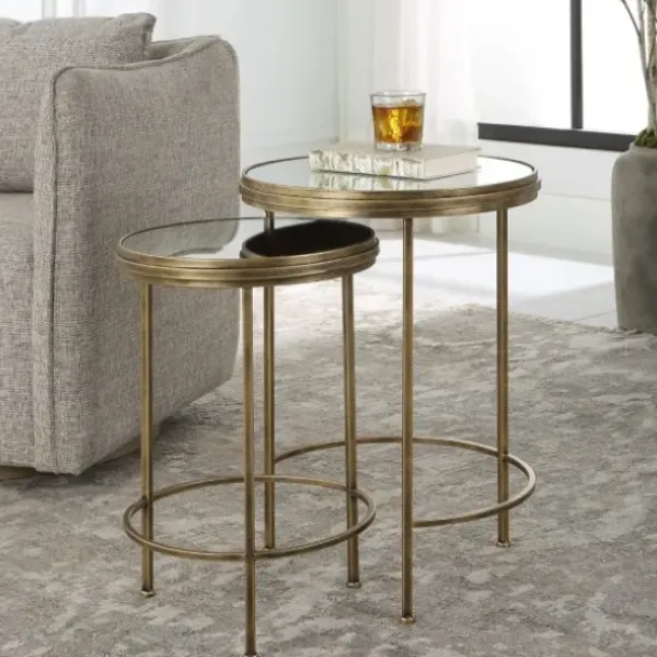 Accent & End Tables-Kirkland's Home Metal Mirror Top 2-Pc. Nesting Side Table Set Gold