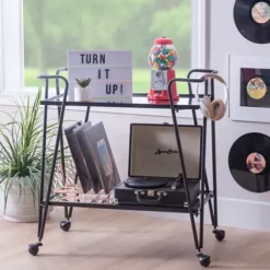 Kitchen Islands & Bar Carts-Kirkland's Home Metal Mirrored Shelves Bar Cart Black
