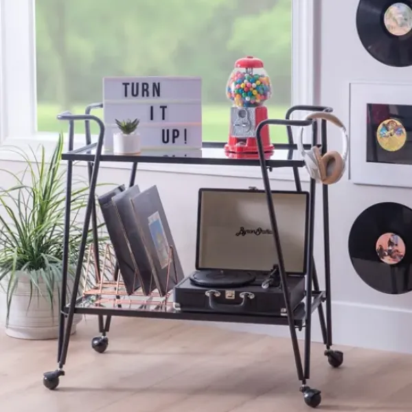 Kitchen Islands & Bar Carts-Kirkland's Home Metal Mirrored Shelves Bar Cart Black