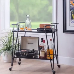 Kitchen Islands & Bar Carts-Kirkland's Home Metal Mirrored Shelves Bar Cart Black