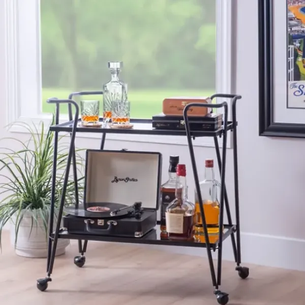 Kitchen Islands & Bar Carts-Kirkland's Home Metal Mirrored Shelves Bar Cart Black